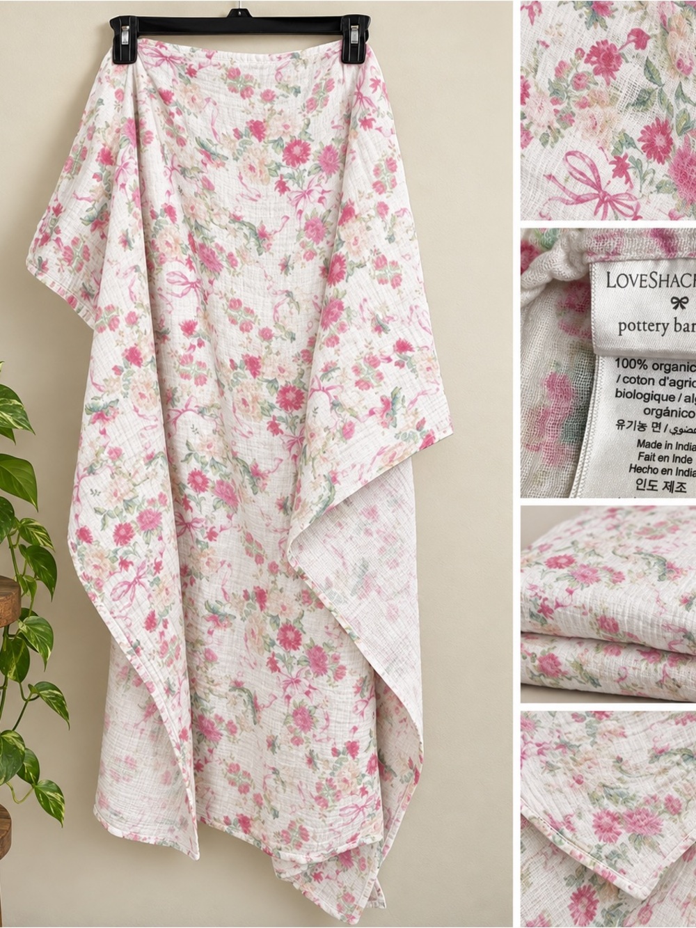 POTTERY BARN Love Shack Fancy Muslin Swaddle Blanket Pink Floral Bows flowers